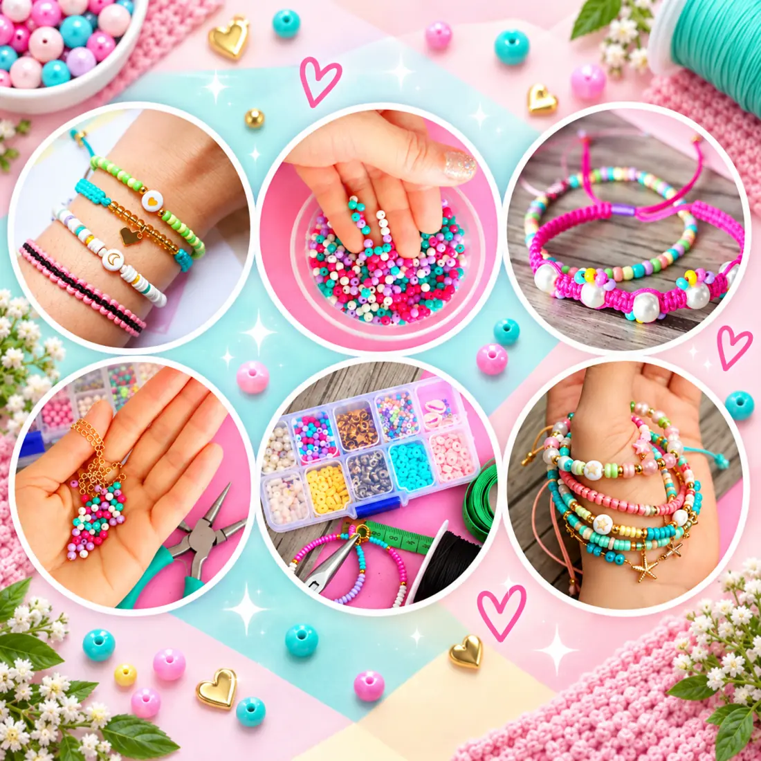 Collage de pulseras y accesorios de bisutería creativa