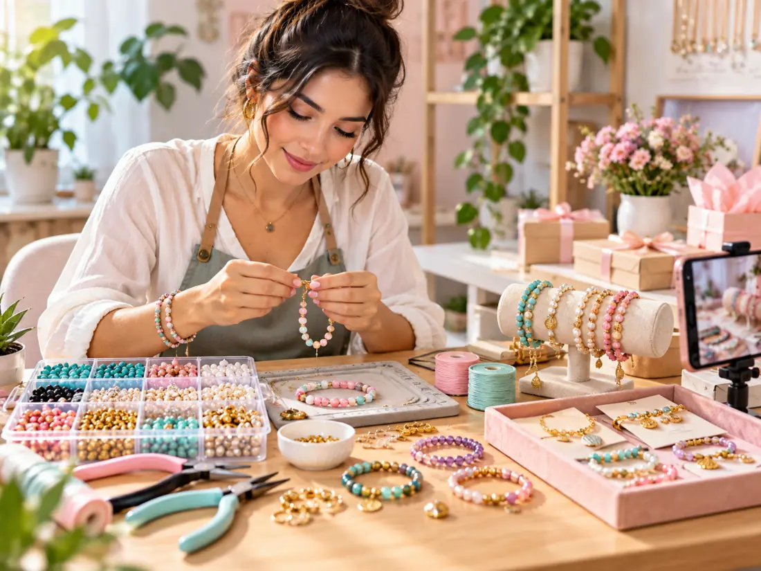 Persona elaborando accesorios coloridos a mano